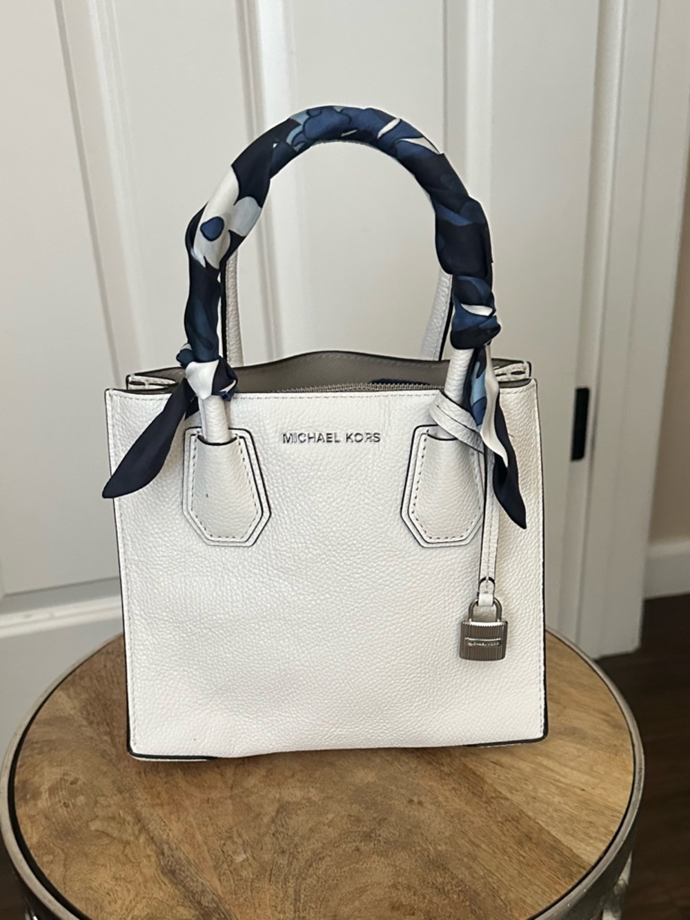 Michael Kors White Leather Tote with Navy Scarf-Wrapped Handles